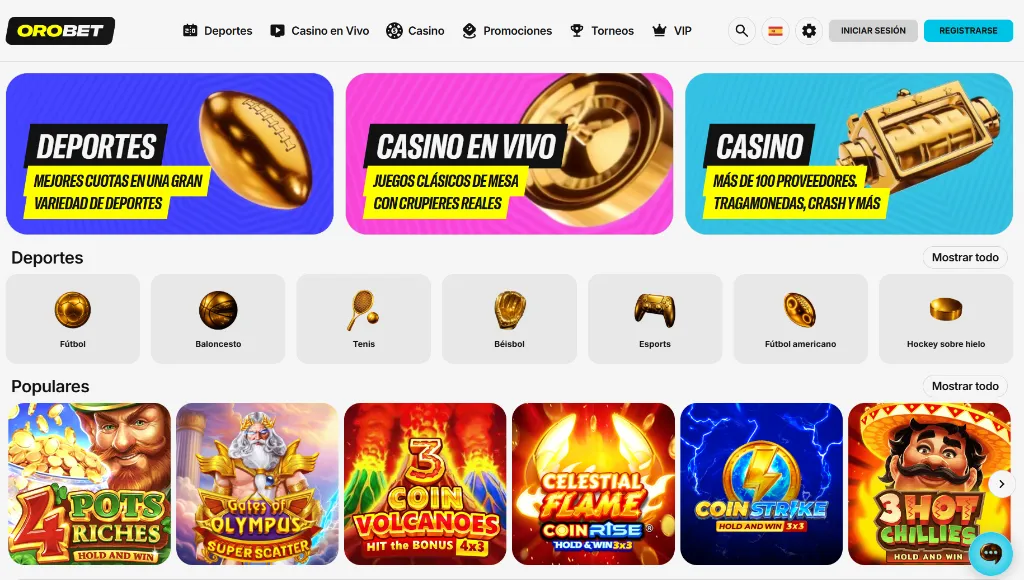Plataforma Orobet con casino en vivo, deportes y tragamonedas